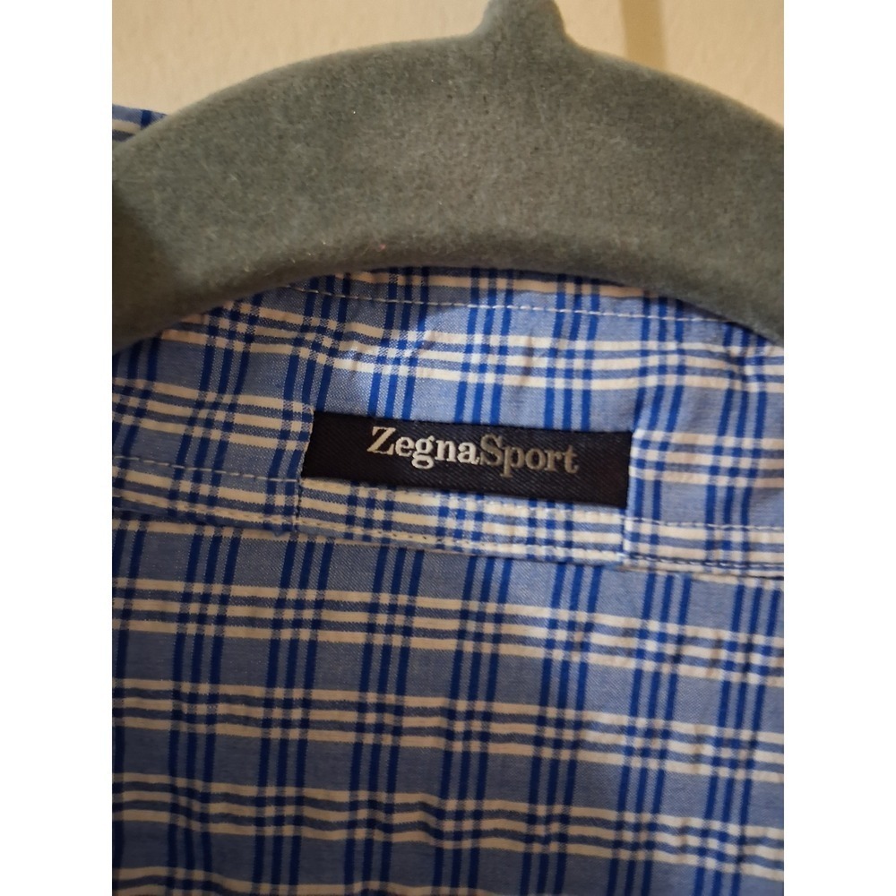 Zegna Sport Mens Blue White Plaid Long Sleeve Button Down Shirt Size Large - Picture 2 of 7